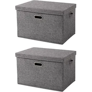 Wuudi Faltbare Aufbewahrungsbox mit Deckel 2er-Set Stoffbox mit Griffen Stapelbare Ordnungsbox aus Stoff Groß Leinen Aufbewahrungskiste für Kleidung, Bettwäsche, Spielzeug & mehr 44x30x29 cm
