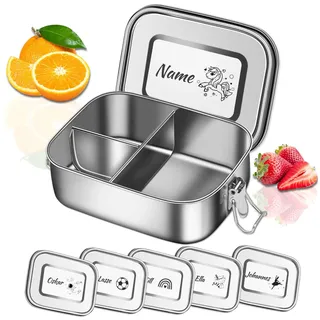 OXYEFEI Brotdose Kinder mit Fächern, Auslaufsicher Brotdose Edelstahl Personalisierte mit Text Gravur für Schule/Arbeit/Kindergarten (3 Zellen, 1400ml)