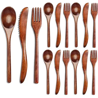 Pesfehhy 15 StüCk HolzlöFfel Messer Besteck Set Geschirr Set KüChe Besteck Geschirr Besteck Set