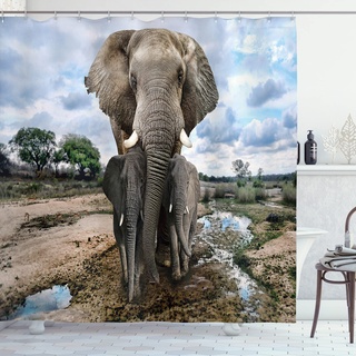 ABAKUHAUS Tier Duschvorhang, Elefant-Familie in Afrika, Stoffliches Gewebe Badezimmerdekorationsset mit Haken, 175 x 180 cm, Mehrfarbig