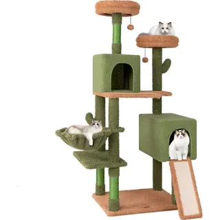 COSTWAY Kratzbaum Kaktus 160cm hoch, Katzenbaum mit Plattformen, Spielzeug, Sisalpfosten, Leiter, Korb & 2 Katzenhöhlen, Katzenturm Holz, Grün, B... - Grün/Braun