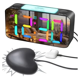 Extrem lauter Vibrationswecker mit Bettvibrationsfunktion für Gehörlose, Tiefschläfer und Hörgeschädigte, RGB-Digitaluhr für Kinderzimmer, gr...