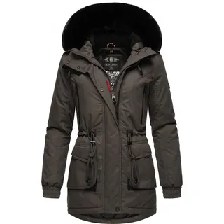 Wintermantel MARIKOO "Olessaa", Damen, Gr. XS (34), grau (anthrazit), Obermaterial: 100% Baumwolle, Futter: 100% Polyester, Wattierung: 100% Polyester, Ärmelfutter: 100% Polyester, Kunstfell: 90% Polyacryl, 10% Polyester, sportlich, figurbetont Po-bedeckend, hoch geschlossener Ausschnitt, Langarm Ärmel ohne Ärmelschlitz Windstopperbündchen mit Gummizug, Mäntel, Sportlicher Baumwoll-Parka für den Winter