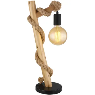 Tischlampe Holzleuchte Beistelllampe schwarz Hanfseil Landhaus Nachttischleuchte Rustikal Leselampe, Metall, 1x E27 Fassung, LxBxH 19x16,5x53,5 cm