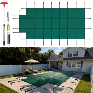 VEVOR Pool Abdeckplane, Passend für Rechteckige, Eingelassene Pools (4,9 x 9,8 m), mit 1,2x3,04 m Mittelstufe, Blickdichte Netzabdeckung mit Ablauflöchern, Winter-Sicherheitsabdeckung, Grün