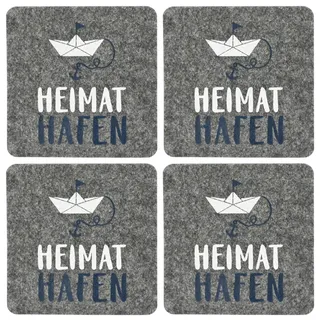 MIJOMA Filzuntersetzer Heimathafen 4er Set grau – quadratische Getränkeuntersetzer aus Filz mit maritimem Hafenmotiv