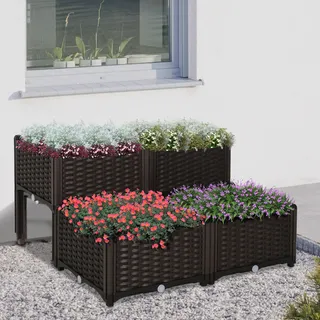 Outsunny Quadratisches Hochbeet, 2 Ebenen, Maße: 80 X 80 X 44 Cm (l X B X H), Bewässerungseinsatz, Kunststoff, Kunstfaser-rattan-imitat, Schokoladenbraun