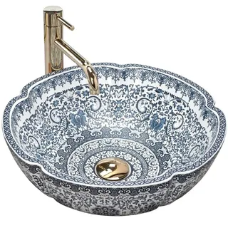 wohnwerk.idee Aufsatzwaschbecken Vintage Waschschale orientalisch Blau-Weiß mit Armatur blau