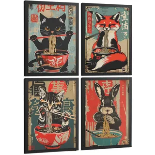 POSTER 4er Set Japanische Ramen Tier-Wandbilder Katze Fuchs und Hase Nudeln Vintage Küche Deko Schwarzer Rahmen A3