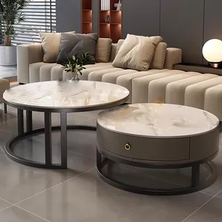 Couchtisch Rund 2er Set,Wohnzimmertisch,Beistelltisch,Wohnzimmertisch mit 1 Stauräume,Wohnzimmer Tisch für Couch,Weiß Marmor Couchtisch mit Schwarz Metallgestell,für Wohnzimmer/Büro(White+black gray,7
