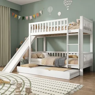 Merax Etagenbett 90x200cm mit Ausziehbett, Kinderbett mit Rutsche und Regale, Stockbett mit Leiter und Rausfallschutz, Massivholzbett Jugendbett, W... - Weiß