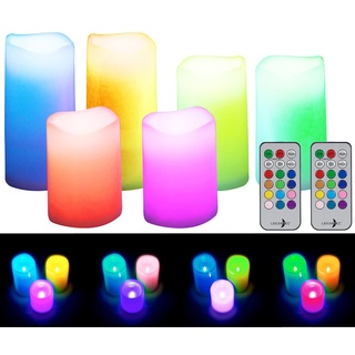 Lunartec farbige LED Kerzen: 6er-Set dimmbare RGB-LED-Kerzen mit Timer & Fernbedienung, bunt, IP44 (Outdoor mit Timer, Stumpenkerze mit Fernbedienung, Tischlampen)