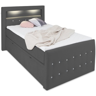 Girona LED-Bett 120x200 mit Bettkasten und Kristallen - Bett mit Matratze und Topper - Stauraumbett 120 x 200 cm mit Schubladen Samt-Stoff anthrazit