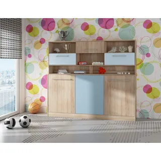 BIM Furniture Wandbett Horizontal Schrankbett Roger 90x200 cm Wandklappbett, Schrankklappbett, Schrank mit integriertem Klappbett, Funktionsbett (Sonoma Eiche/Blau, Mit zusätzlichen Regalen)