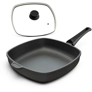 Hoffmann Aluguss Pfanne 28x28 cm Induktion viereckig Hoher Rand I Schmorpfanne Innenhöhe 6 cm I Viereckpfanne beschichtet I Eckpfanne Antihaft Rechteckpfanne Glasdeckel