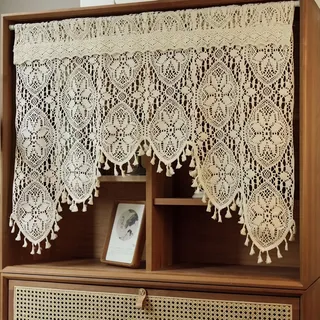 A.Monamour Gardine Scheibengardinen Transparente Beige Baumwolle Hohle Häkelspitze Bohemian Swag Kurzvorhang Kurzgardinen Küchengardine Küchenvorhang Küche Vorhang Fenster Kurz Stores Bistrogardine