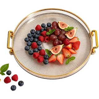 Tissting Tablett Runde 27cm Transparente Kunststoff Obsttablett Snack Teller mit Griffe, Europäischen Stil Badezimmer Deko Tablett Schmucktablett für Home, Restaurant, Bernstein Gold