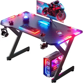 HLONONE Gaming Tisch mit LED, 100cm Computertisch mit Einteilige Tischplatt