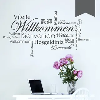 WANDKINGS Wandtattoo - Willkommen in verschiedenen Sprachen - 75 x 41 cm - Dunkelgrau - Wähle aus 5 Größen & 35 Farben