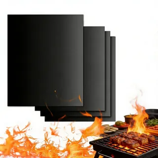 BBQ Grillmatte für Gasgrill | 4er Set Grillmatten Teflon Grillplatte | Antihaft Grill Matte Backmatte (40 * 33CM), Wiederverwendbar Grill Matten für Gasgrill, Verbesserter Backpapier PFOA-Fre