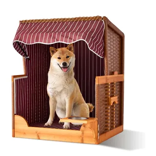 Relaxdays Hundestrandkorb Holz & Rattan inkl. Napf, Braun,Dunkelrot,Schwarz