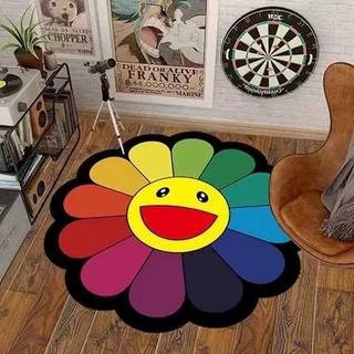 PIWINE Teppich mit Smiley-Gesicht, Blumenmuster und Regenbogenfarben, langlebig und rutschfest, mehrere Größenoptionen, geeignet für Heimdekoration und Bürogebrauch
