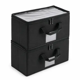 CaitongX CD Aufbewahrungsbox mit Deckel, Stapelbare CD Box aus Vliesstoff mit Griffen, CD Regal & CD Ständer Alternative für 120 CDs, DVD Regal Aufbewahrung, 34,5 x 16 x 15,6 cm (2 Stück Schwarz)