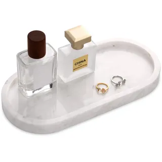 Marmor Tablett Oval, Jazz Weiß, 25 x 12 x 2 cm | Dekotablet Badezimmer Tablett Kosmetiktabletts für Schminktisch Schmuck Gewebe Kerzen Handtuch Pflanze Schmucktablett