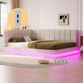 Flieks Polsterbett 160x200cm mit USB & LED, Tagesbett Schlafsofa mit Lattenrost, Doppelbett Jugendbett Gästebett Daybett Funktionsbett, Leinen, Beige - Beige