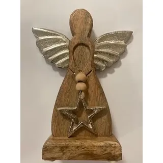 formano Weihnachtsengel Engel Weihnachtsschmuck Figur Deko-Engel 22x11cm aus masssivem Holz mit Stern und Metall-Flügeln, Lieferumfang 1 Stück