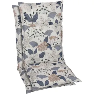Sesselauflagenset, Beige, Blau, Textil, 2-teilig, Floral, Füllung: Schaumstoff, Vlies, 50x6x120 cm, Oeko-Tex® Standard 100, pflegeleicht, hochwertige Qualität, langlebig, für den Außenbereich geeignet, mittels Bändern zu befestigen, Gurtband befestigen, Outdoor-Kissen, Gartenstuhlauflagen, Hochlehner-Auflagen