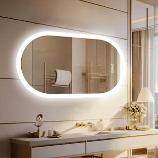 LUVODI Oval Badspiegel mit Hintergrundbeleuchtung: 120x60 cm Großer LED Badezimmerspiegel mit 3 Touch-Schalter, Beschlagfrei, Dimmbar, 3 Lichtfarbe Einstellbare für Bad Flur Garderoben Spiegel