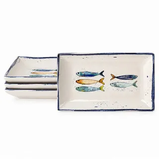 WestCraft Speiseteller Teller, mediterran mit Sardinen-Motiv, Maritime Servierplatte 25×15cm, (4 St), 2er Set, hochwertig und robust - langlebig und vielseitig einsetzbar weiß