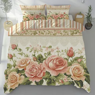 Bettwäsche 180x200 Blumen-Rose Bettwäsche Set Weich Microfaser Kuschelige Bettwäsche, Grüne Pflanzenblätter Wendebettwäsche Elegante Gartenblumen Bettbezug und Kissenbezug 80x80cm mit Reißverschluss