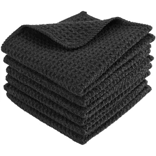 TESSTSY 6 Stück Geschirrtücher Waffelstruktur Schwarz 20 X 20 cm | Microfaser Geschirrtücher Waffelpique, Saugstarke Waffeltücher Baumwolle, Weiche Barista Tuch für Küche, Fenster, Glas, Bad