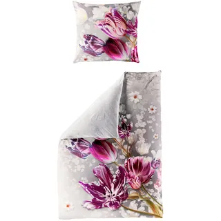 JACK by Bierbaum Mako Satin Digitaldruck Bettwäsche 2 TLG. 135x200cm Tulpen Lila Grau Silber
