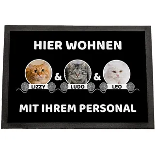 Fußmatte personalisiert Katze mit Bild | Bis zu 3 Katzen | rutschfeste Schmutzfangmatte mit Katzenmotiv | Geschenk für Katzenliebhaber Geschenkidee | Fussmatte Außen Innen | 75 x 50 cm mit Gummirand