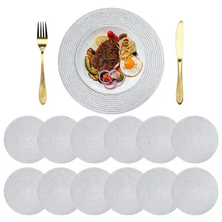 NAKIHOUSE Tischsets Abwaschbar Rund Geflochten Silber Tischset 12er Set | 38cm Platzsets Abwischbar, Rutschfest, Hitzebeständig Schmutzabweisend Platzdeckchen für Hochzeit, Restaurant, Küche