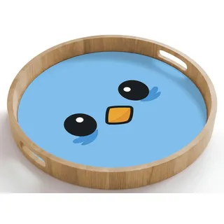 OnlyWow Tablett Rund mit Henkel Vogel - Blau - Einfach, Eichenholz, (1-tlg), Servierbrett Groß, Tischdeko, Platte, Tisch Deko blau 50 cm x 50 cm x 5 cm