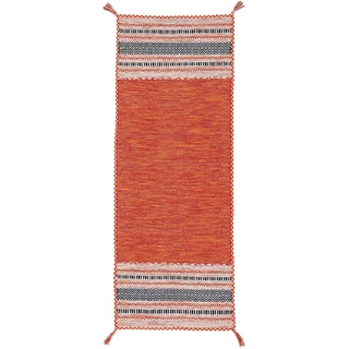 carpetfine Flachgewebeteppich Kelim Azizi Läufer Orange 80x400 cm | Moderner Teppich für Wohn- und Schlafzimmer