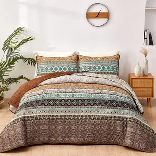 WONGS BEDDING Tagesdecke 240x260 Bettüberwurf Boho Decke Steppdecke 3 Teilig Doppelbett Gesteppt Bettdecke Mikrofaser Wohndecke mit 2 Kissenbezug 50x75 für Schlafzimmer als Sofaüberwurf (Braun)