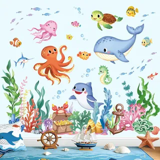 wondever Wandtattoo Meer Fisch Wandsticker Meerestiere Oktopus Seetang | Abziehen und Aufkleben, Abziehbar, Wandaufkleber Selbstklebend für Kinderzimmer Babyzimmer Schlafzimmer Wanddeko
