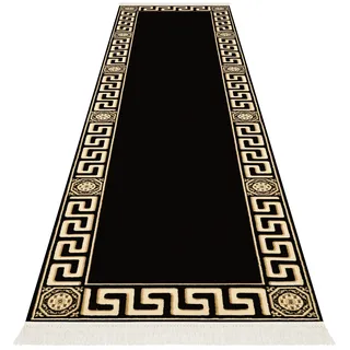 Premium Flur Teppich Läufer Teppichläufer Flur Schlafzimmer Küche Maänder Muster Kurzflor in Schwarz Gold mit Fransen - Mäander Design Antirutsch K-Seidenglanz 100% Viskose Öko Tex - 80x200 cm