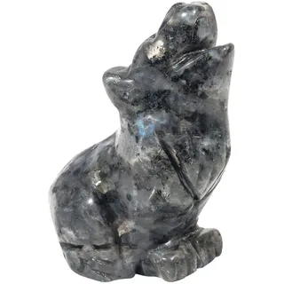 Lovionus89 Handgeschnitzte Wolfsfigur aus Kristall & Edelstein (6,3cm), Kleiner Wolf als Wächter Steinfigur, Unikate Deko Tierfigur & Briefbeschwerer, Labradorit