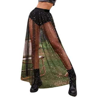 Modaworld Rave Outfit Damen Glitzer Rock Festival Rock Outfit Fransen Pailletten Fransenrock Festival Mesh Transparent 2 In 1 Maxirock
