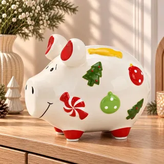 Lustige Spardose Sparschwein WEIHNACHTSDEKOR weiß bunt 12 cm
