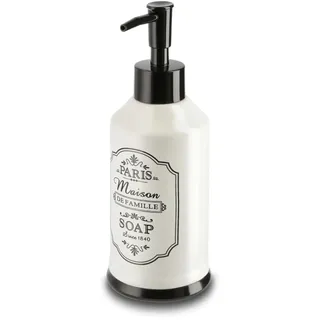 for friends Seifenspender für ca. 250g Flüssigseife, Paris Line in Schwarz & Weiß mit Aufdruck SOAP, Vintage im Shabby Chic Look, schwarzer Spenderkopf, für Küche oder Bad, aus Keramik Steingut