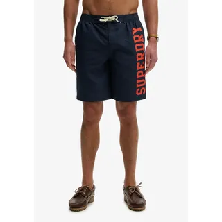 Superdry Badeshorts "LOGO 19 BOARDSHORT", Herren, Gr. M, N-Gr, blau (nautical navy), Web, Polyester, bedruckt, Badehosen Badeshorts