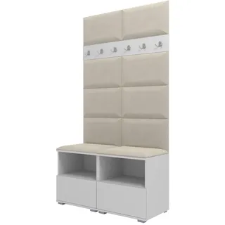 RAVIO Garderoben-Set NELA III mit Gepolstertes Paneel/Wandpaneel, Wand-Garderobe mit Zwei Schuhschränke, 100cm Flurgarderobe, Kompaktgarderobe (Weiß + Creme (Trinity 01))