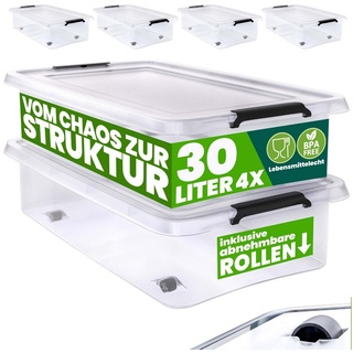 Deuba Aufbewahrungsbox (4 St), 30L Deckel stapelbar Rollen Kunststoff BPA frei Rollbox Kunststoffbox weiß 40 cm x 17 cm x 60 cm